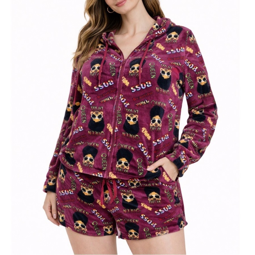 NEW women's Pajama set weekending PJ's hooded shorts soft MD purple BOSS Queen